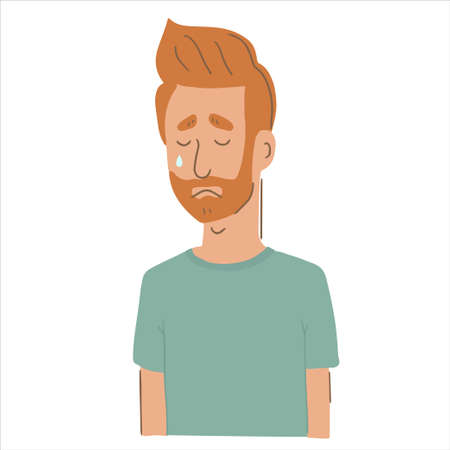 Portrait of depressed male character with tears in his eyes. Man struggling with negative emotions, sadness, mental health problems. Flat vector illustrationのイラスト素材
