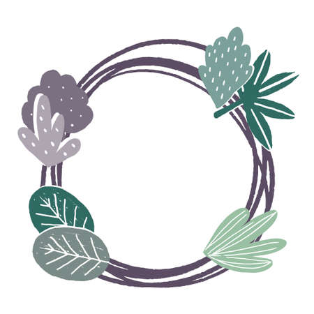 Circle frame decorated with leaves. Template for card or invitation, hand drawn in abstract minimal style with texture. Vector illustrationのイラスト素材