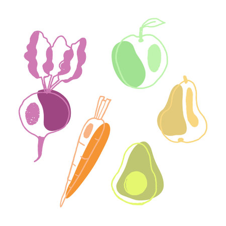 Collection of colorful fruit and vegetable with abstract shapes. Flat hand drawn vector illustration...