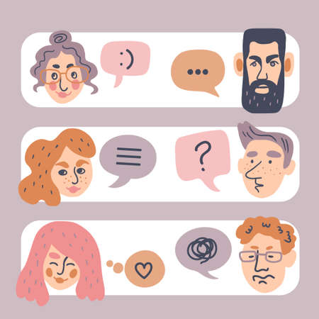 People with speech bubbles. Couples having trouble communicating, relationship difficulties concept. Hand drawn cartoon style vector illustrationのイラスト素材
