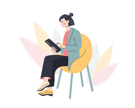 Female character working on a laptop. Home office or small online business concept. Hand drawn vector illustrationのイラスト素材