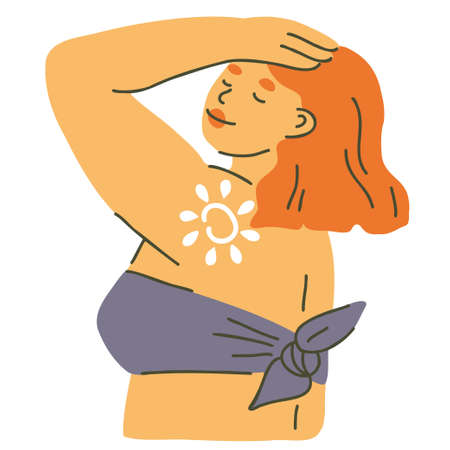 Woman using sunscreen lotion. Skin protection, healthy lifestyle cartoon vector illustrationのイラスト素材