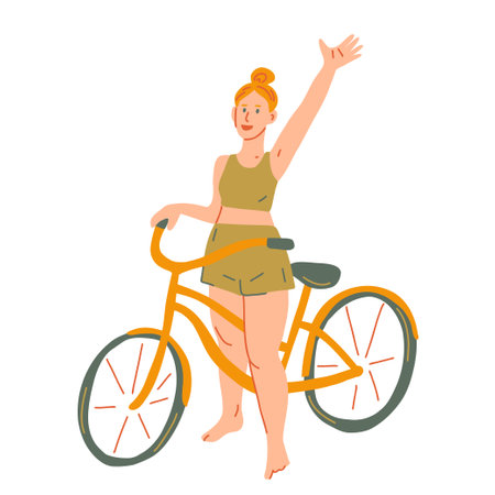 Girl with bike waving hello. Active lifestyle, friendly woman greeting. Hand drawn vector illustrationのイラスト素材