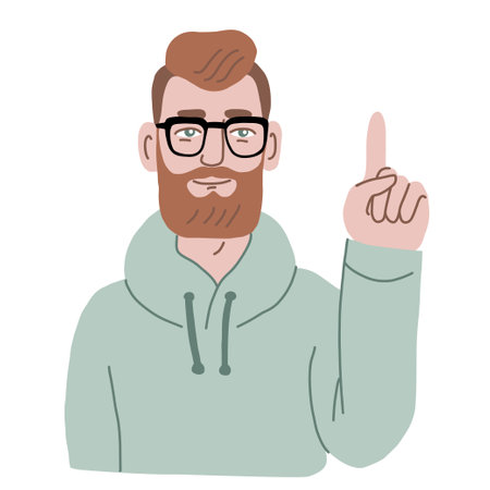 Male character holding up index finger. Pointing gesture. Hand drawn vector illustrationのイラスト素材
