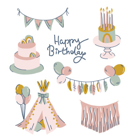 Boho style pastel colored birthday decor set. Teenager girl party decoration. Hand drawn vector illustrationのイラスト素材