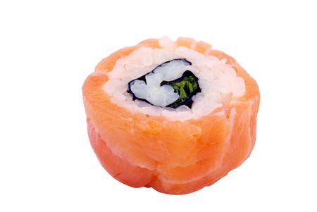 Red salmon sushi on the white backgroundの写真素材