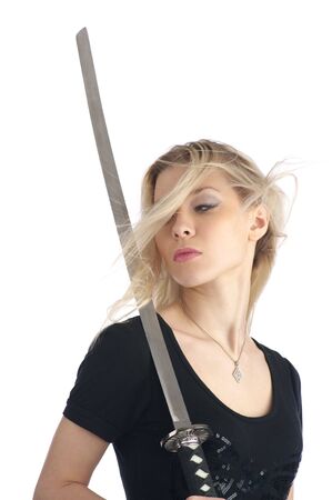 Beautiful woman in with katana on the white backgroundの写真素材
