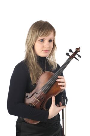 Cute young female violinist over white backgroundの写真素材