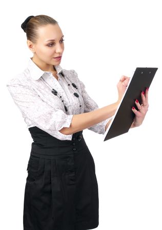 Cheerful businesswoman drawing something on the clipboard.の写真素材