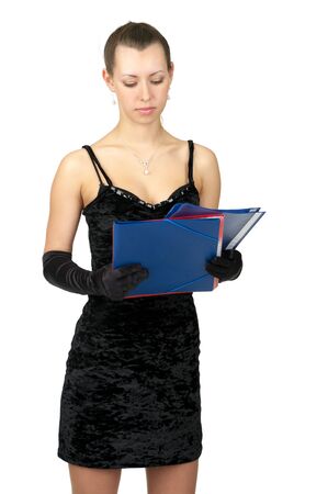 Fashion girl in black dress and evening gloves with several folders over white backgroundの写真素材
