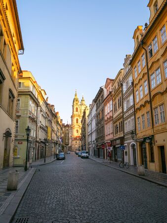 Beautiful Prague street in old town at sunrise time in Prague, Czech republicのeditorial素材