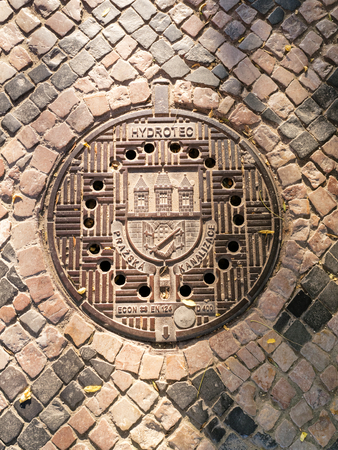 Traditional manhole cover for street hatchway in Prague, Czech republicのeditorial素材