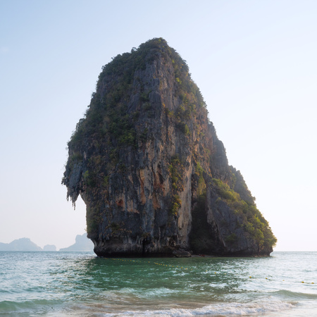 Beautiful view to the ocean and small cliff island near Phra Nang Beachの写真素材
