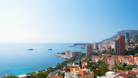 Panoramic landscape of Principality Monaco coast and Monte Carlo harbor.の写真素材