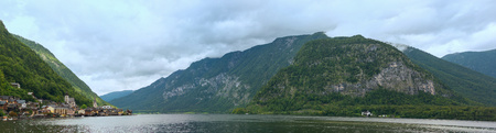 Panoramic view on Hallstatt village and alpine lake. Hallstatt is famous place in Austria, region of Salzkammergut, Europe.の写真素材