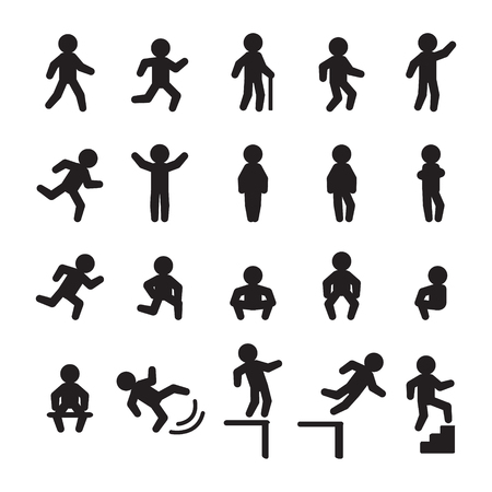 People icon set. People running, walking, falling, standing, and sitting. Vector.のイラスト素材