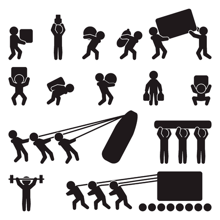 People icon set. People carrying and lifting heavy load. Vector.のイラスト素材