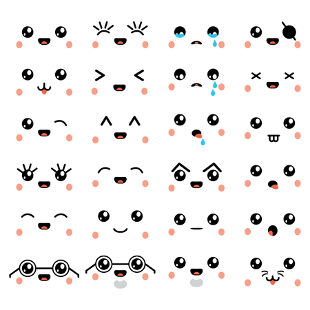 Kawaii or cute emoticon, emoji and face icons set. Vector.のイラスト素材