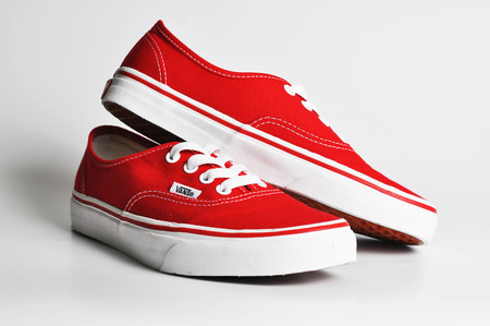 CHLUMCANY, CZECH REPUBLIC, MAY 3, 2015: Vans Authentic Red sneakers on a white backgroundのeditorial素材