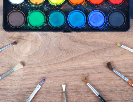 Watercolor palette with paintbrushesの写真素材