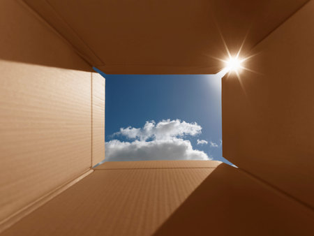 Conceptual shot illustrating the phrase 'thinking outside the box'. Implies inspirational thoughts,...