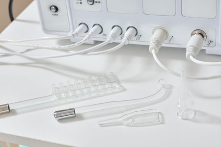 Cosmetic Multifunctional Device close-up in beauty salon. Ultrasound medical device. Darsonval...