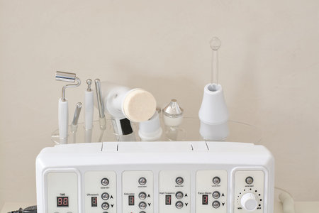 Cosmetic Multifunctional Device close-up in beauty salon. Ultrasound medical device. Darsonval device. Ultrasound procedure. Medical equipment healthcare. Young skin. Face professional massage.の写真素材