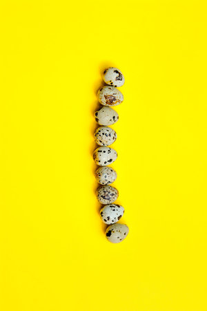 Set of group quail eggs in a line on a yellow background. Top view photo. Concept for designers for...