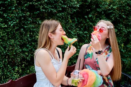 Two happy beautiful young sexy lesbian women with candy floss, spun sugar, cotton candy in the summer park. Summer time events. Summer vacation. Vacation time. Free love concept. Girlfriends day.の写真素材