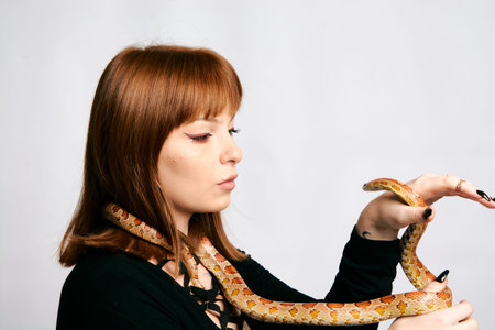 Beautiful woman in black bodywear and snake. Ginger model girl with fashion perfect make up.