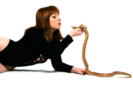 Beautiful woman in black bodywear and snake. Ginger model girl with fashion perfect make up. High...