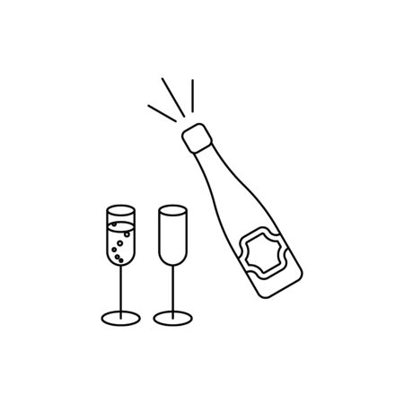 Champagne bottle with two glasses with bubbles vector icon in trendy minimalist style. Christmas eve and New Year. Line art. Black color.のイラスト素材