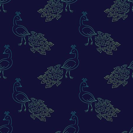 Beautiful peacock seamless pattern on a dark blue background. Bright color gradient. Line art. Trendy, minimalist, simple. Oriental style. For wallpapers, wrapping paper, textile print, backdrops.のイラスト素材