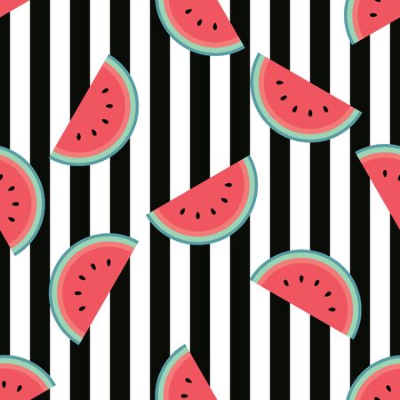 Cute watermelon pattern with black stripes. Flat cartoon style. Minimalist and simple. Can be used as a wallpaper, wrapping paper, textile print, backdrop etc. Seamless vector illustration.のイラスト素材