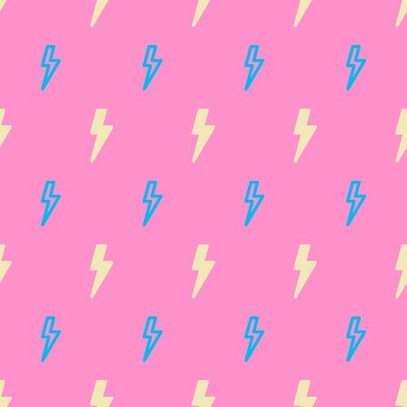 Cute flash lightning seamless pattern on pink background. Retro cartoon style. Blue and yellow thunderbolts. Flat comics style vector illustration.のイラスト素材