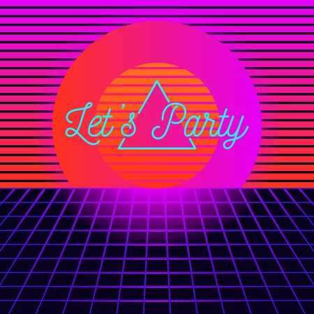 80s style neon background design in trendy bright bold purple, pink, blue and orange colors. Disco poster with lines, stripes, perspective grid, sky and sun in trendy retro style . Vector illustrationのイラスト素材