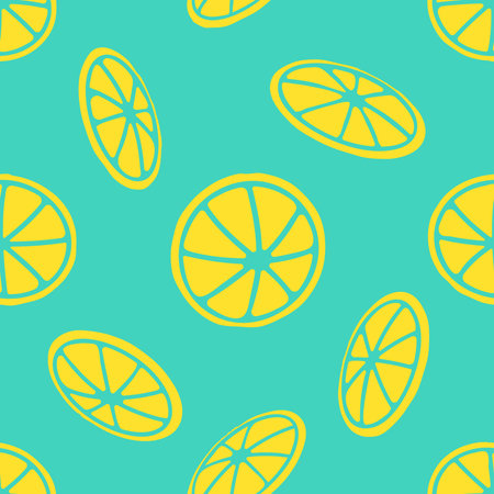 Lemon slices seamless pattern on turquoise background. Bright yellow lemons background in flat...