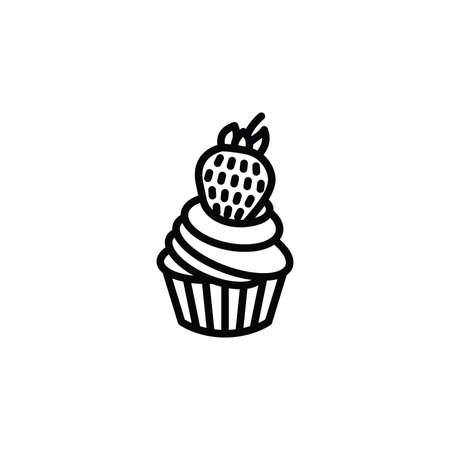Cupcake with a strawberry vector icon. Cute cupcake isolated on white background. Line art. Vector illustration.のイラスト素材