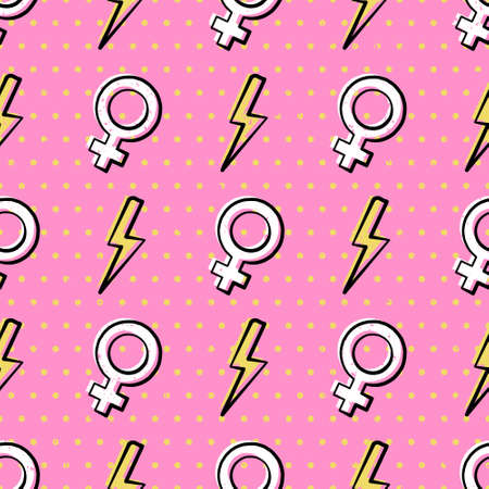 Girl power seamless pattern with flash lightning and female symbols on polka dot background. Yellow bolts on pink textured background in comics style. Vector illustration.のイラスト素材