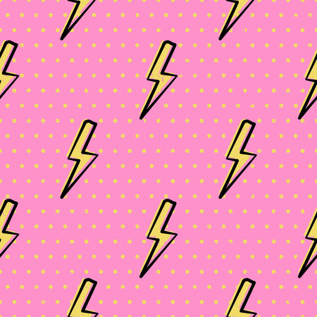 Flash lightning and polka dot seamless pattern for girl power style background. Yellow bolts and...