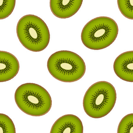 Cute kiwi seamless pattern on a white background. Fluffy half kiwi fruits in bright colors. Vector illustration with half kiwi fruits. Cartoon style.のイラスト素材