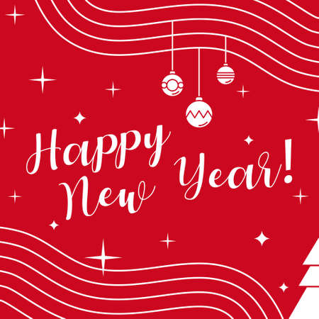 Minimalist Happy New Year design for cute greeting card, poster, flyer on a red background. Christmas tree, balls, abstract shapes, lines, stars. Line art. Vector illustration.のイラスト素材
