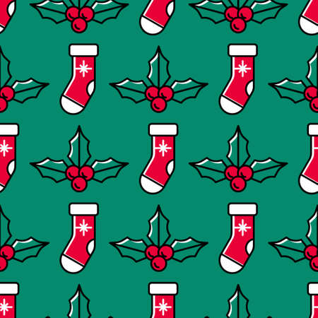Christmas seamless pattern with Santa socks and holly on a green background. Cute colorful festive background for Christmas and New Year. Cartoon style. Red Santa socks and ilex with berriesのイラスト素材