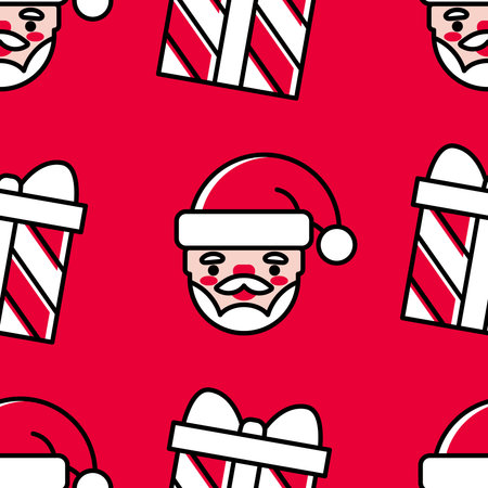 Christmas seamless pattern with Santa head and gift boxes on a bright red background. Cute colorful...