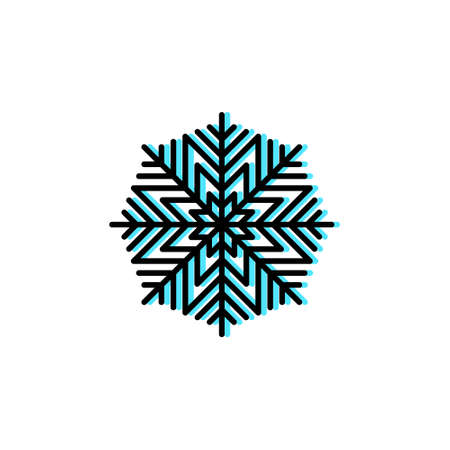 Snowflake vector icon in trendy minimalist style for Christmas holidays. Cute bright linear snowflake in black and cyan isolated on white background. Winter holidays decoration. Line art.のイラスト素材