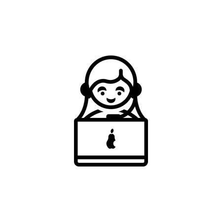 Girl with headphones and a laptop vector icon for freelance, online education, business, distant work. Smiling female with a laptop computer isolated on white background. Working at home. Line artのイラスト素材