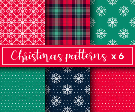 Set of Christmas seamless patterns with snowflakes ornament, polka dot and tartan checkered background. Cute colorful red, green and dark blue backgrounds for Christmas and New Year. Cartoon styleの写真素材
