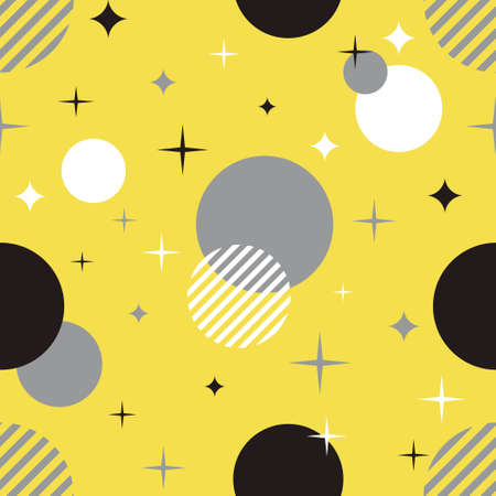 Abstract geometric seamless pattern in white, yellow and gray colors of the year 2021. Trendy geometric pattern with circles, stripes and twinkles on yellow background. Minimalist flat style. Vectorのイラスト素材