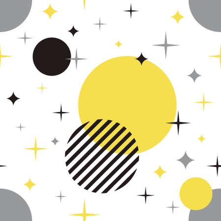 Abstract geometric seamless pattern in white, yellow and gray colors of the year 2021. Trendy geometric pattern with circles, stripes and twinkles on white background. Minimalist flat style. Vectorのイラスト素材
