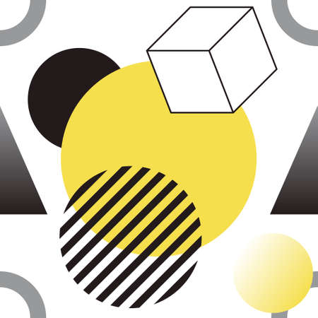 Abstract geometric seamless pattern in white, yellow and gray colors of the year 2021. Trendy geometric pattern with circles, cubes, triangles and stripes on white background. Minimalist flat styleのイラスト素材